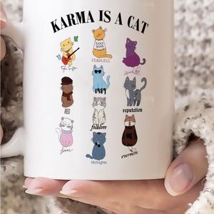 Taylor swift inspired coffee mug Karma is a Cat